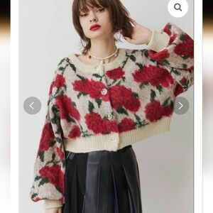 Grail Floral cropped knit sweater, Red Cream Cardigan